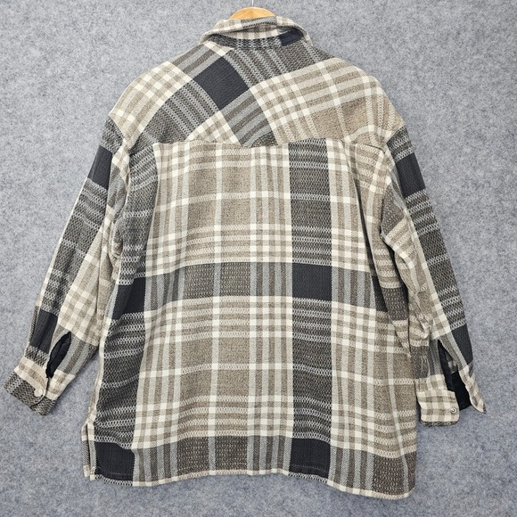 Flannel Plaid Shirt Jacket Womens L XL Black Tan Zip Shacket Cabin 90s KRAZY KAT - Picture 2 of 11